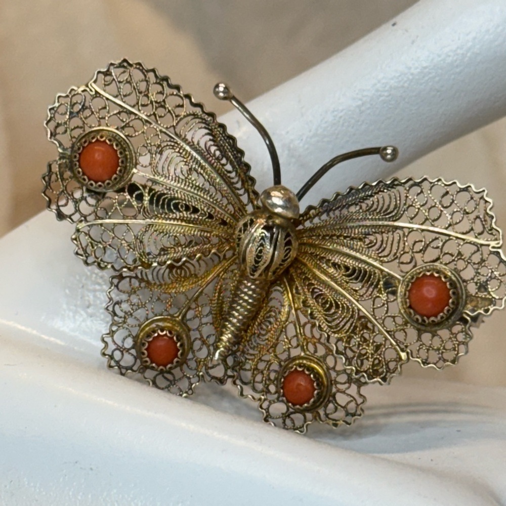 Antique Signed Sterling Silver 800 Filigree Butterfly Coral/Carnelian Brooch EUC - Picture 3 of 16
